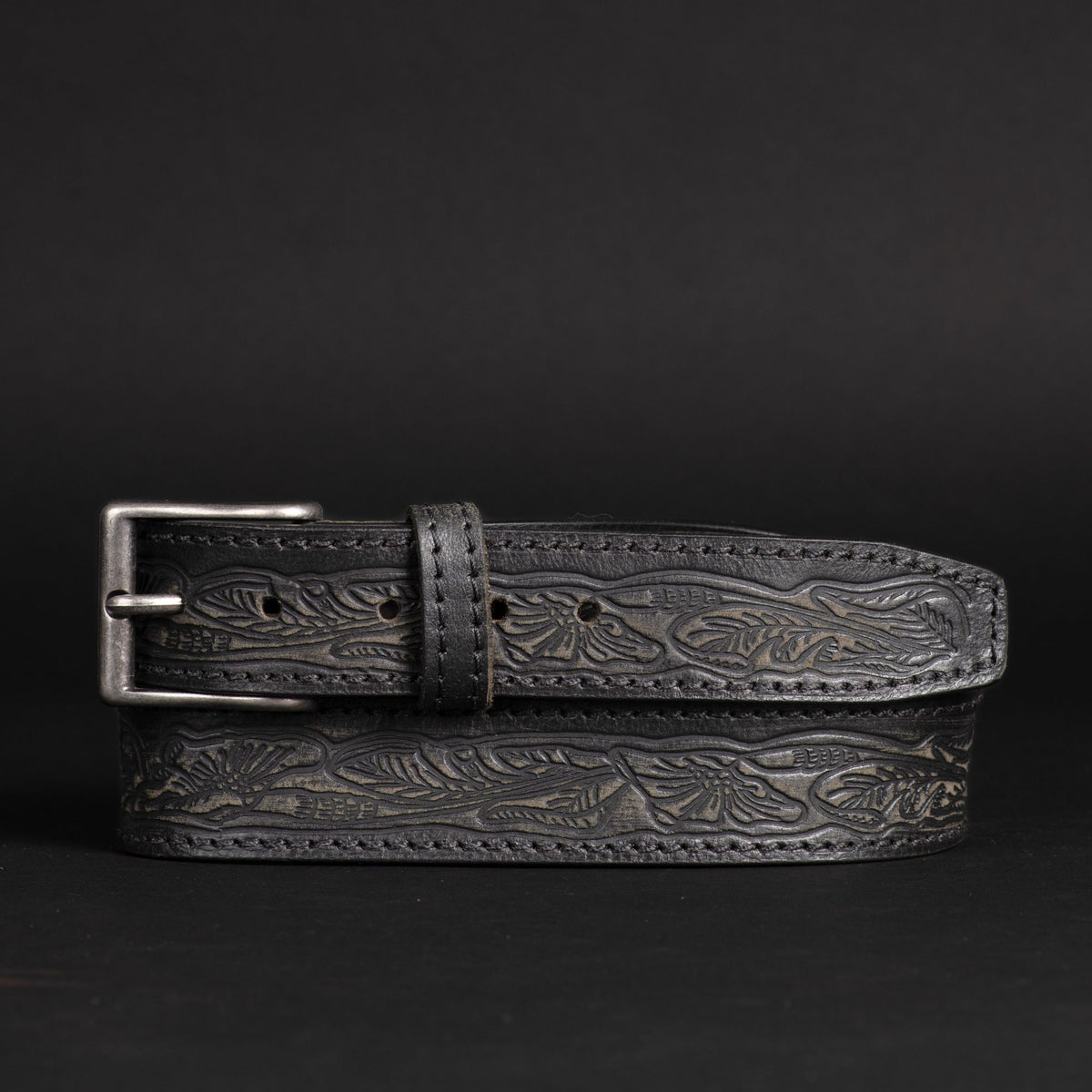The Wayfarer western embossed leather belt in black