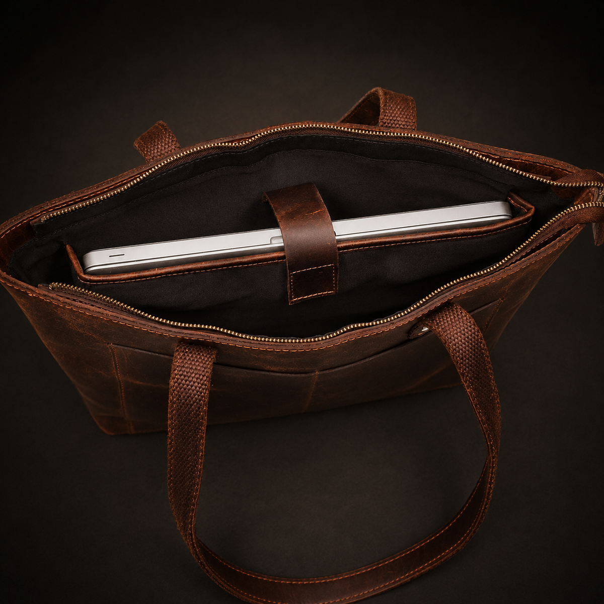 Classic brown leather tote bag