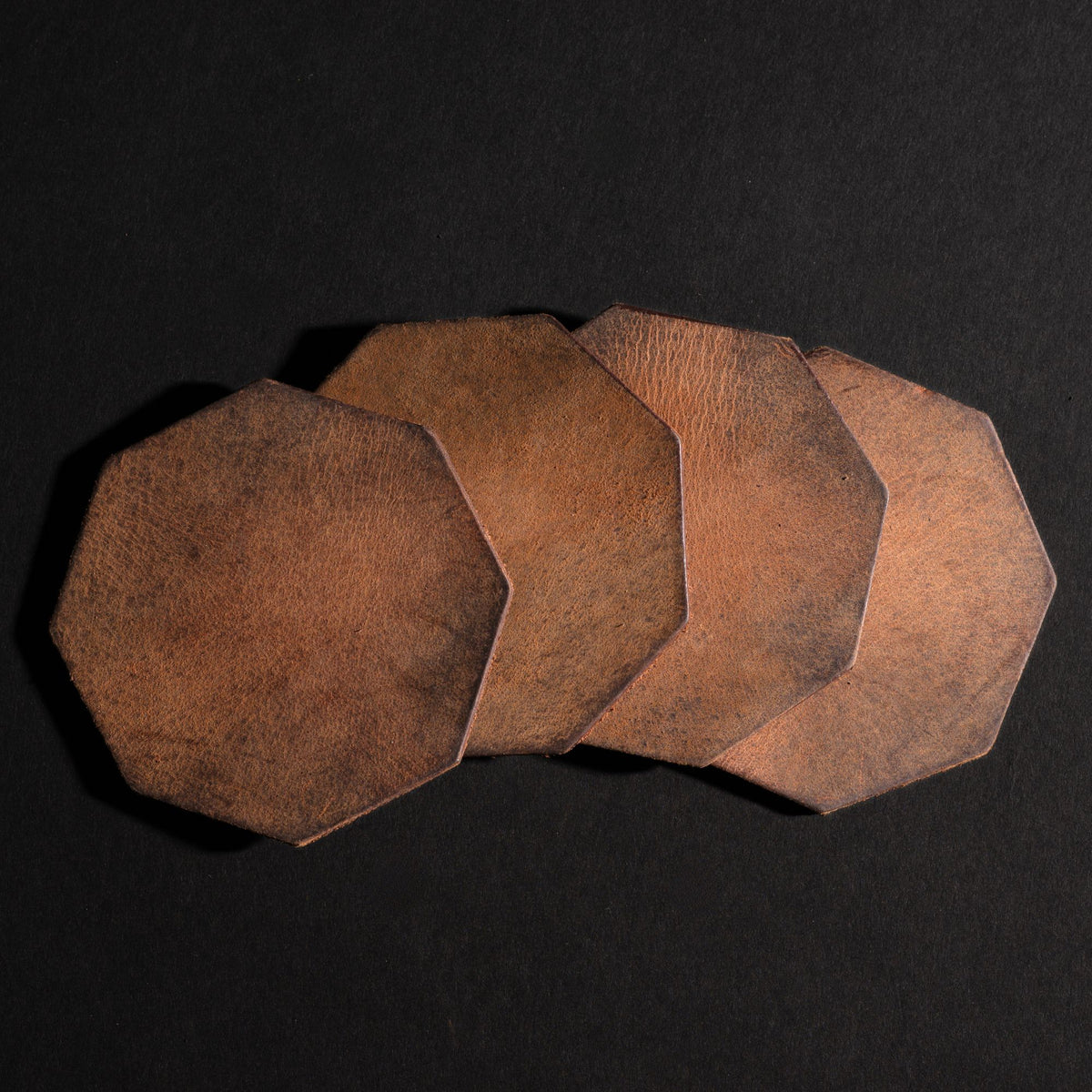 Octagon distressed leather coasters in cognac