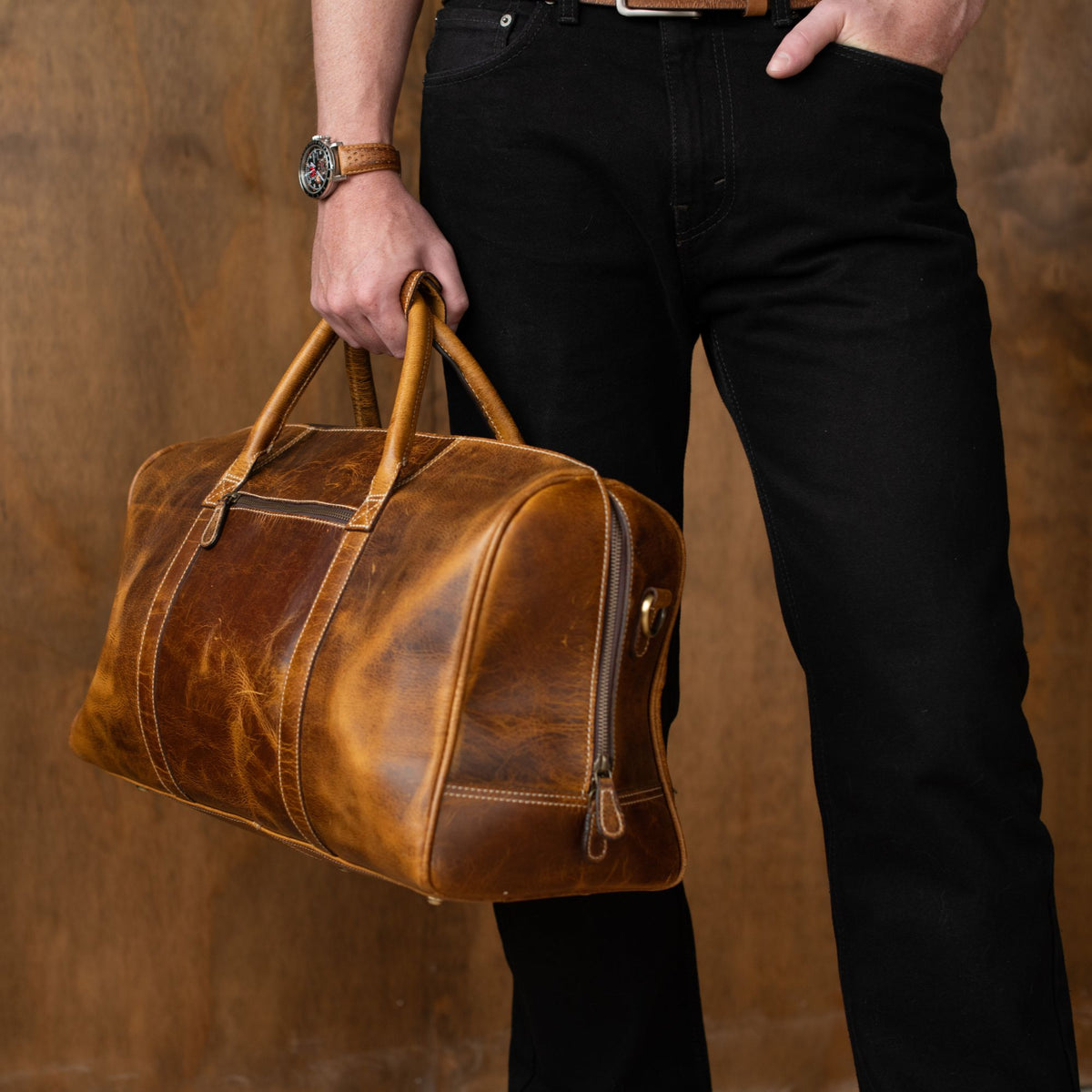 The Wayfarer cognac full-grain leather duffle bag