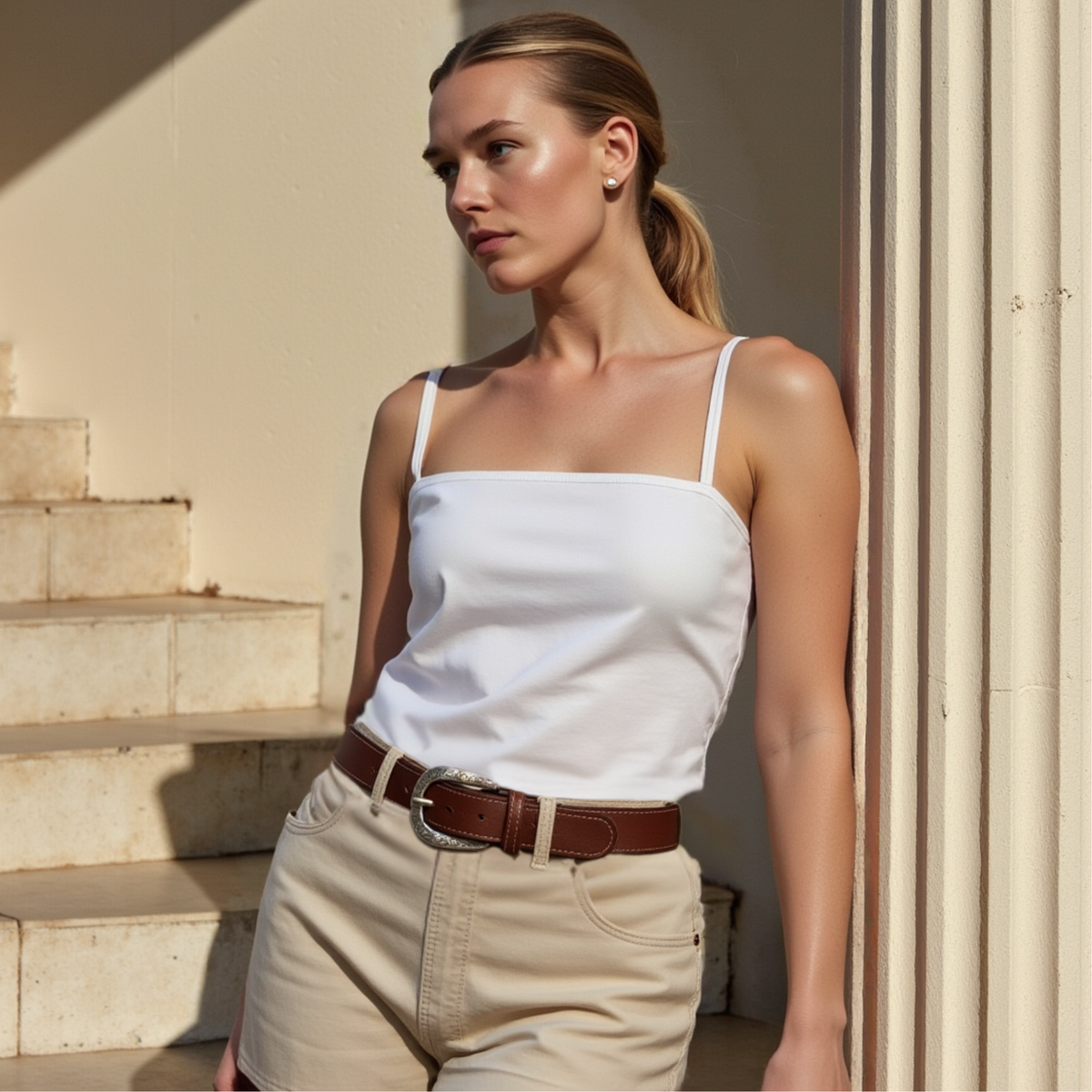 Sempre vachetta leather waist belt with circular buckle