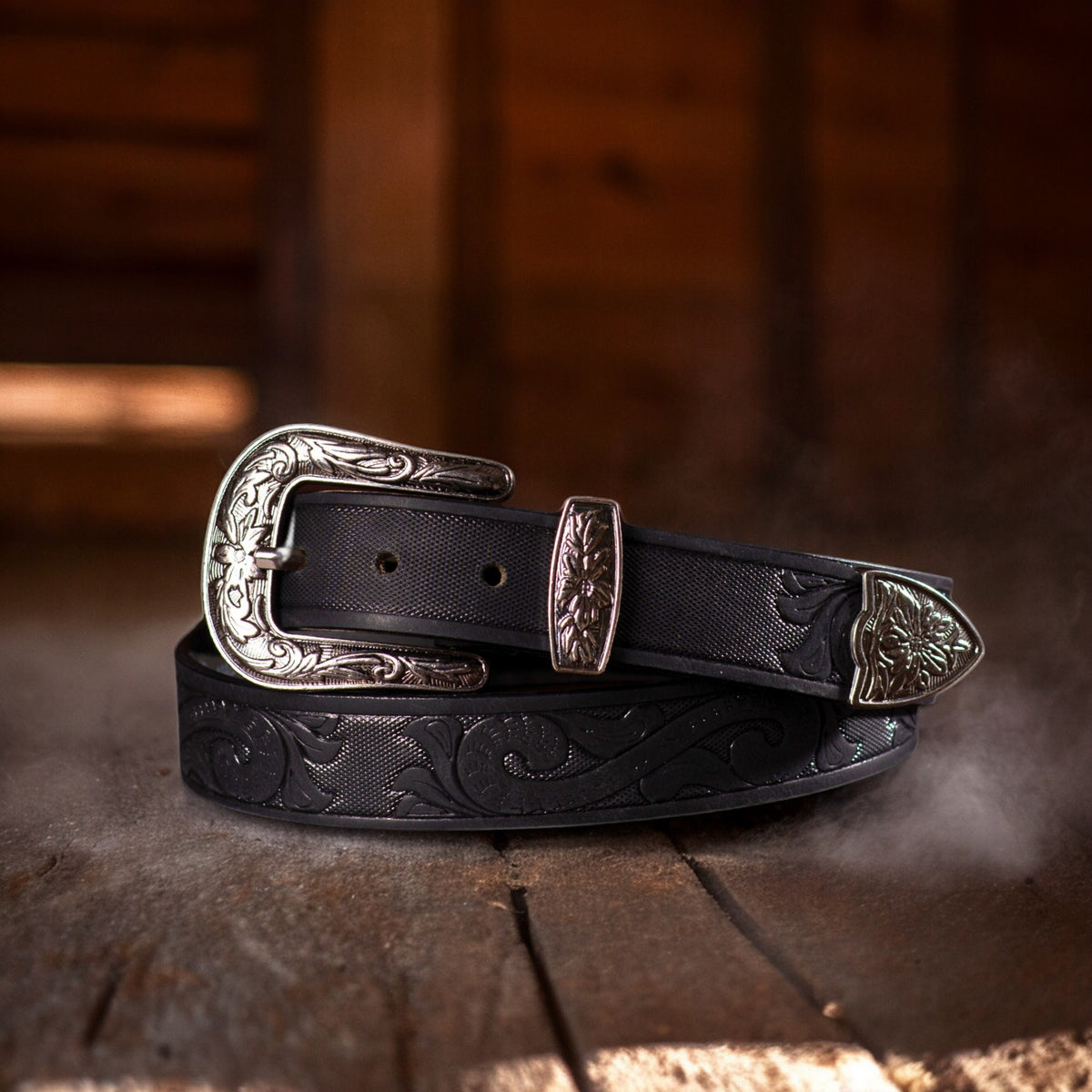 Western black hand-tooled full-grain leather belt