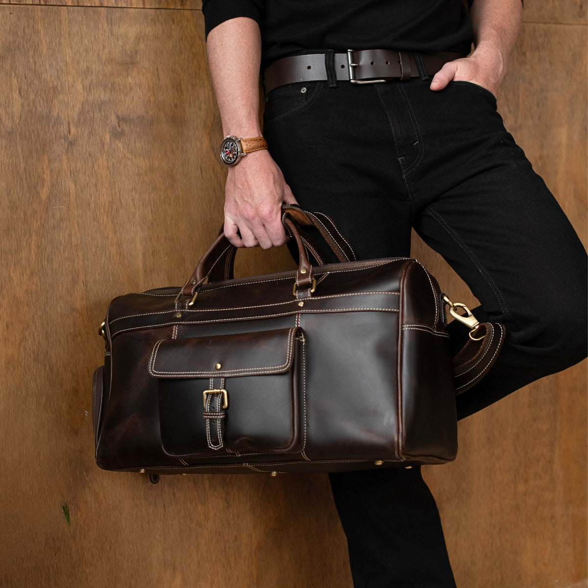 The Voyager brown distressed full-grain leather duffle bag