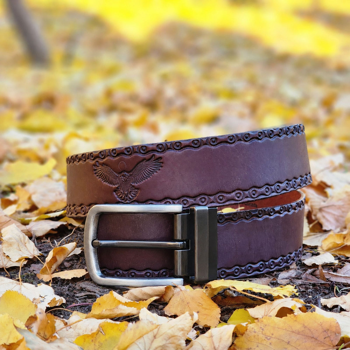 The Eagle Belt, brown embossed leather belt