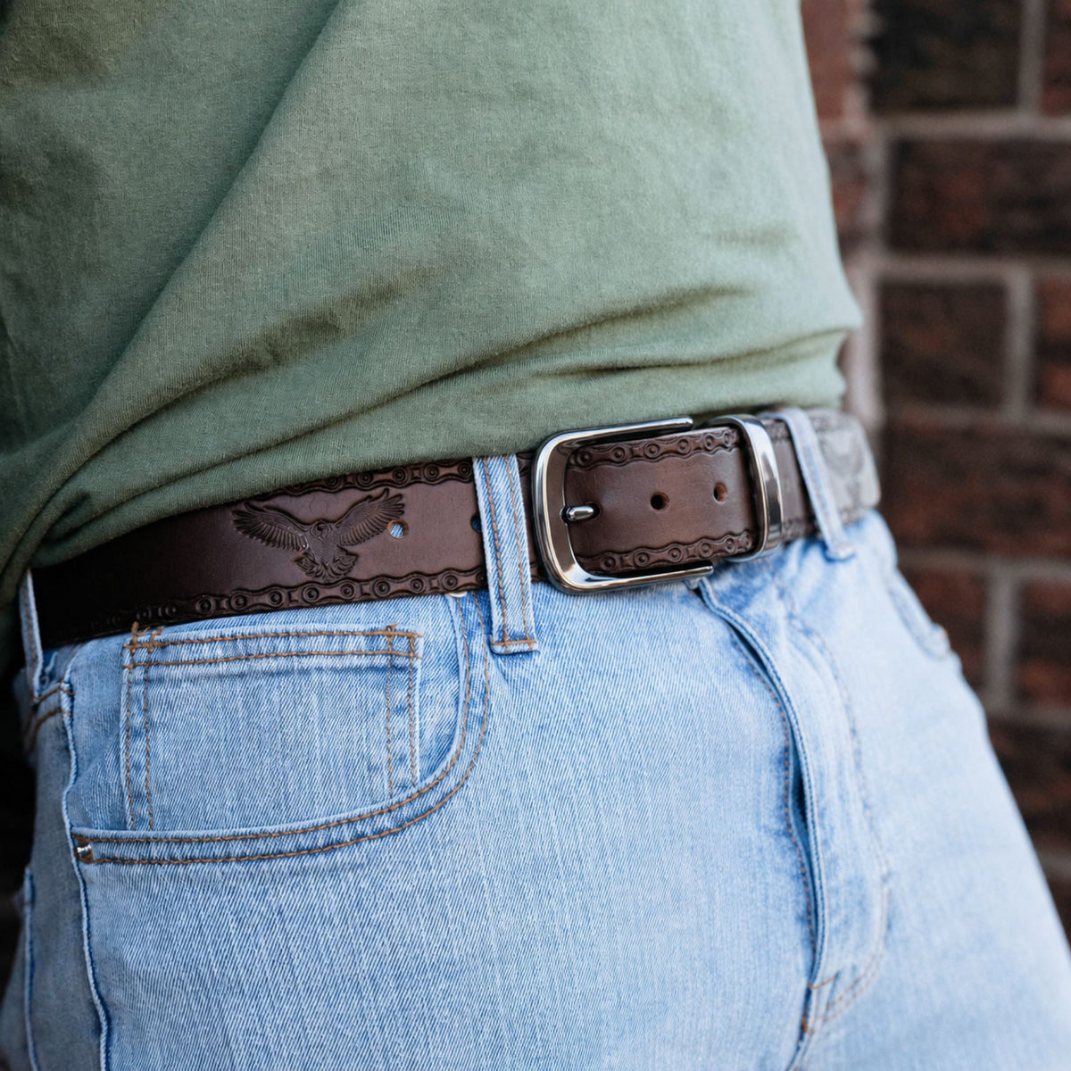 The Eagle Belt, brown embossed leather belt