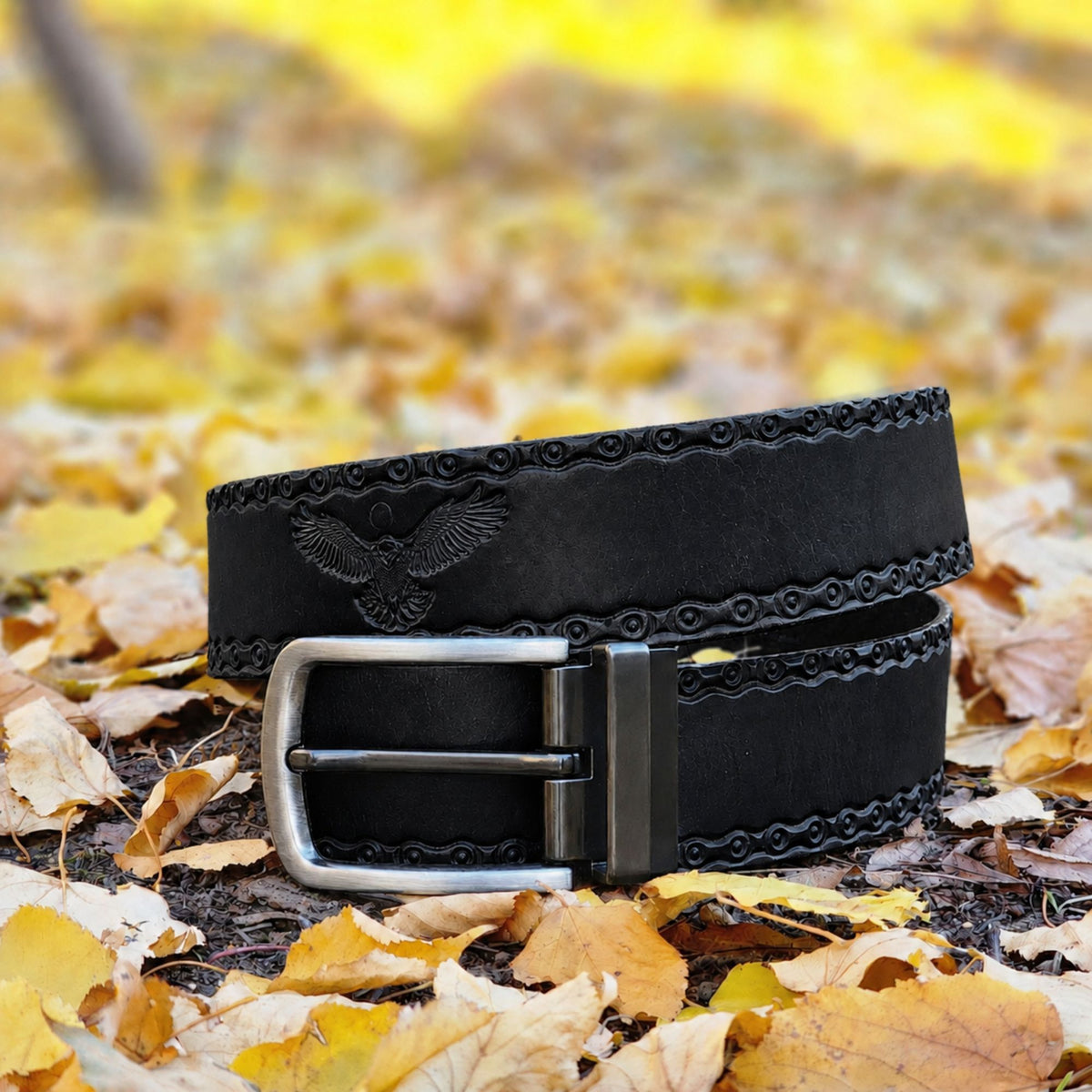 The Eagle Belt- Black Chain Link Embossed 100% Real Leather Belt