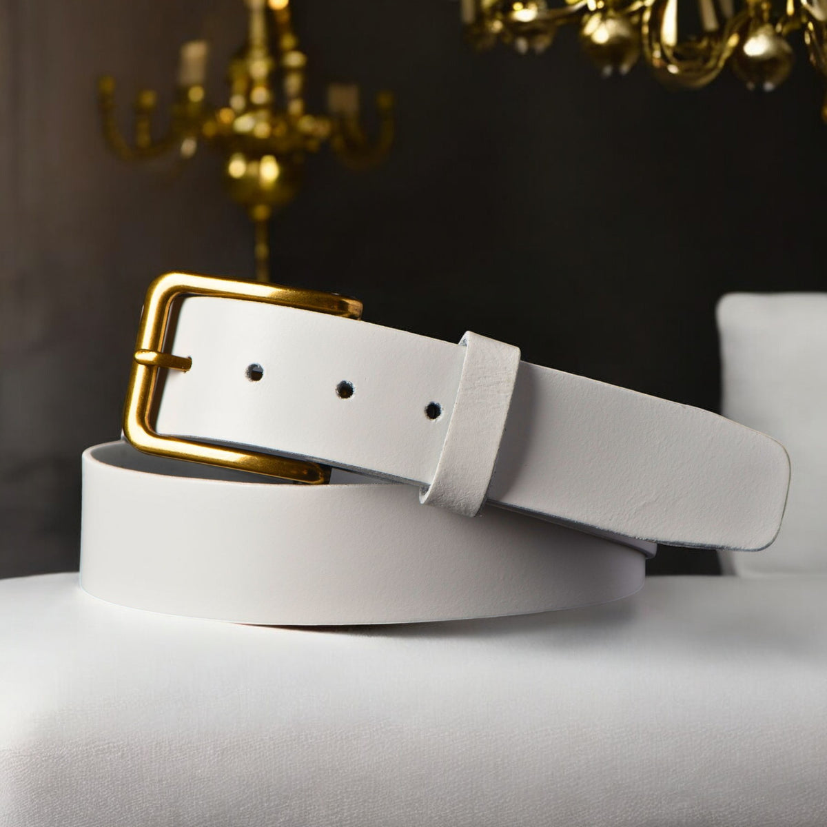 Bianca white leather dress belt with gold buckle