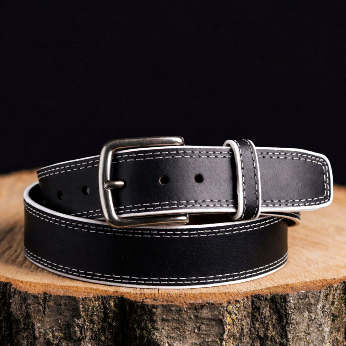 The Diablo black full-grain leather belt with white stitching