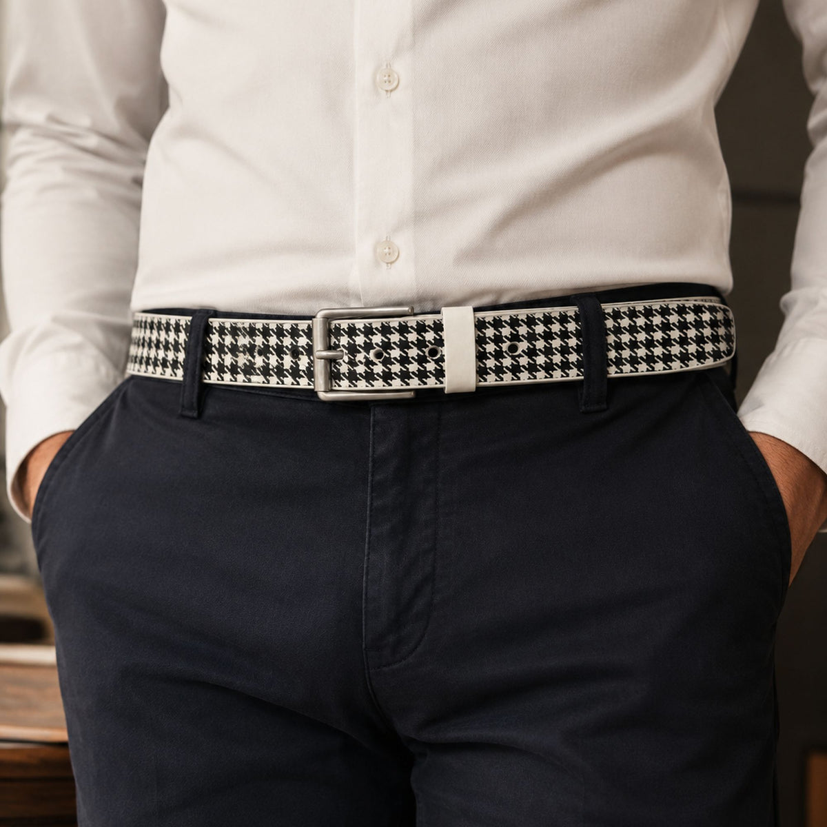 The Windsor white houndstooth full-grain leather belt