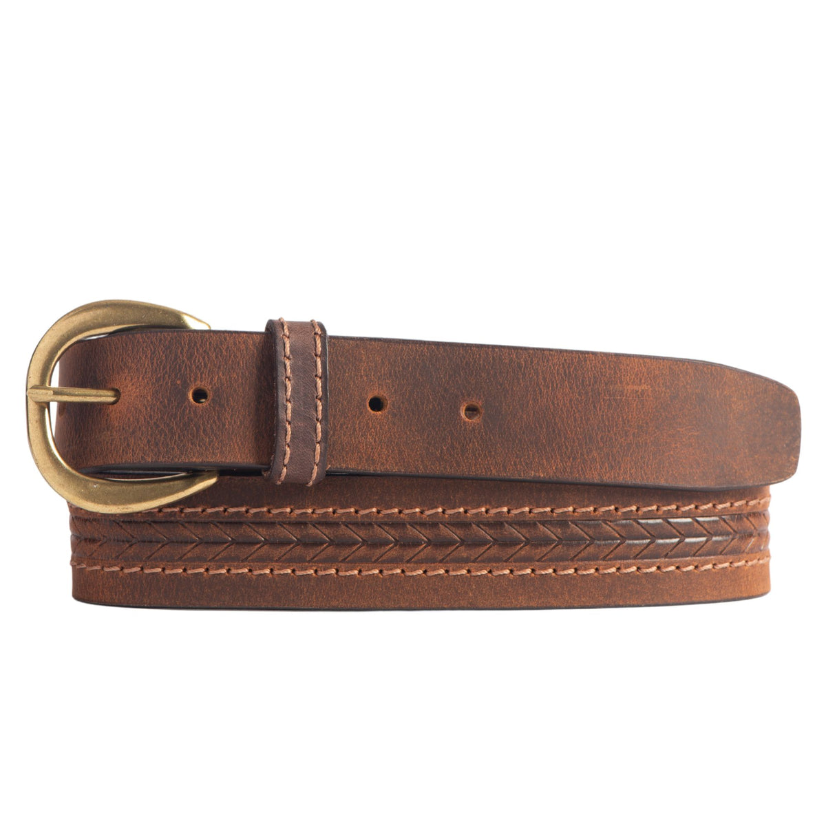 Terra brown embossed leather belt with gold buckle