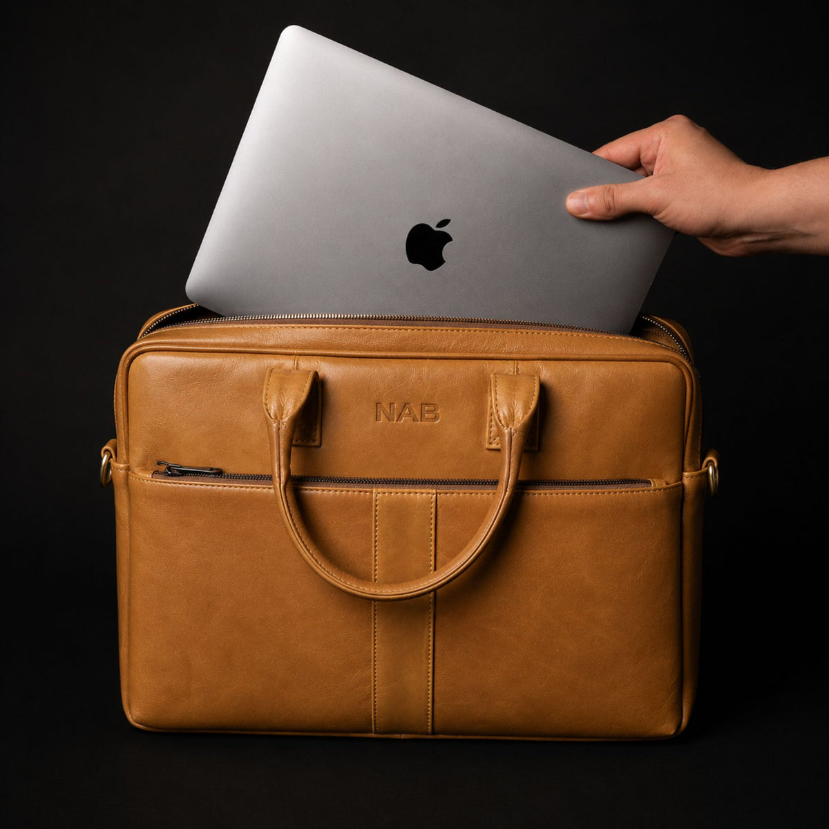 London English tan full-grain leather laptop bag