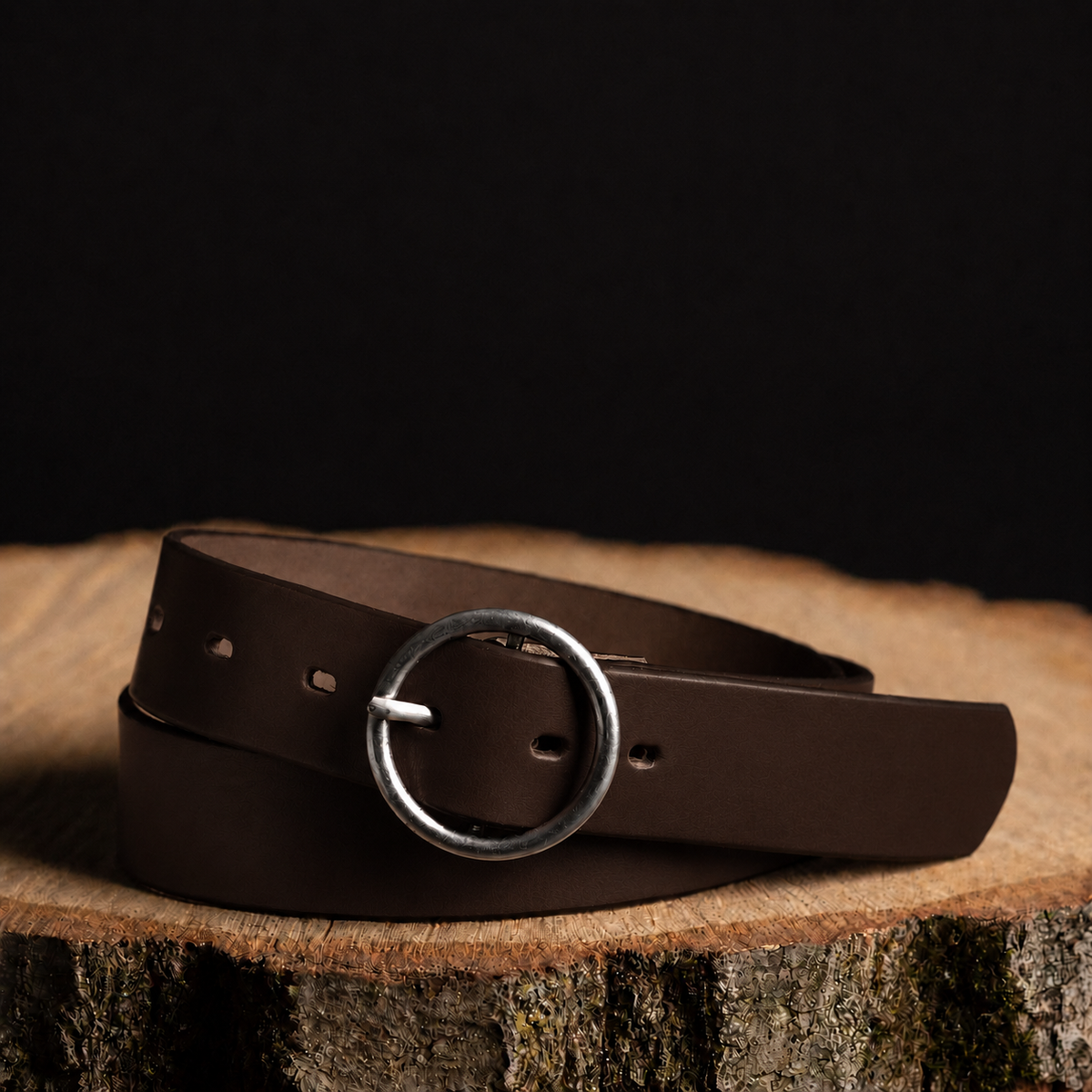 Sempre vachetta leather waist belt with circular buckle in dark brown