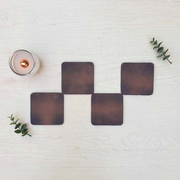 Square Coasters - Cognac Distressed Leather Coasters - Made in Canada