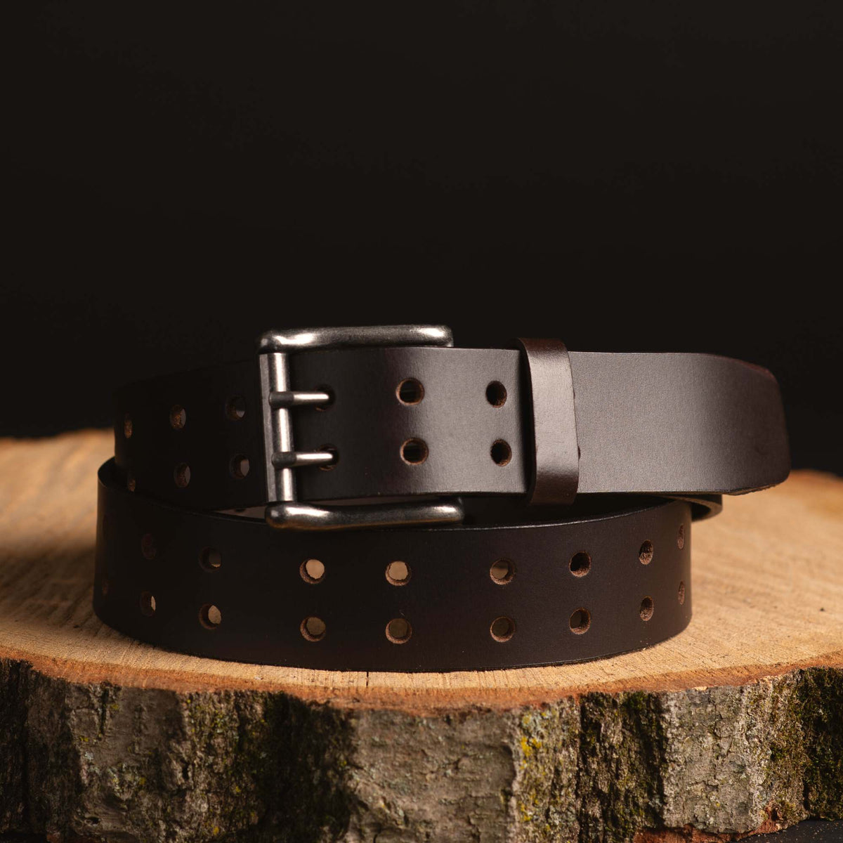 Double hole full-grain leather belt in brown