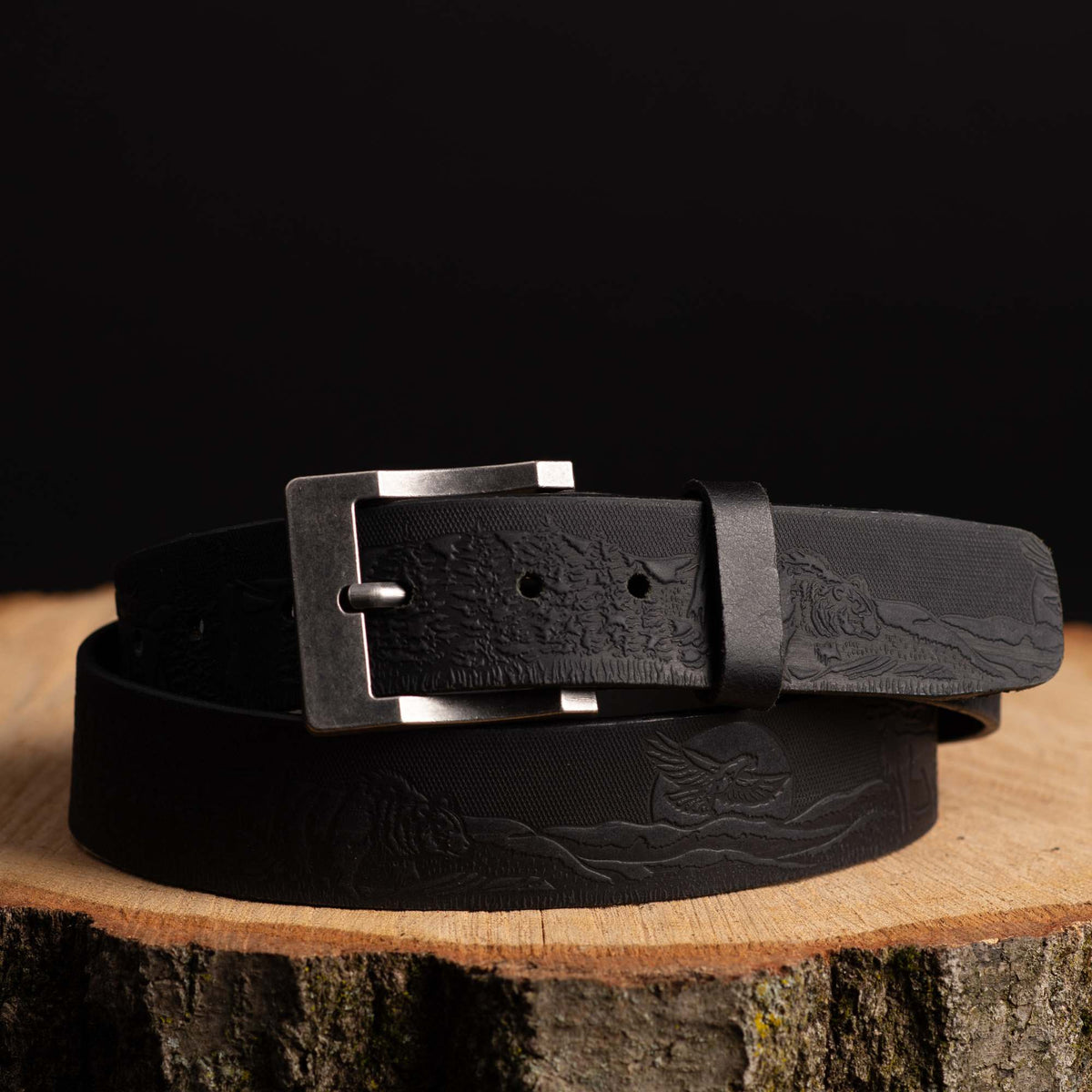 The Wildlife embossed full-grain leather belt in black