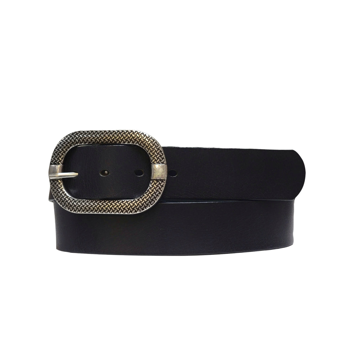 Design your own women's leather belt in black with patterned buckle