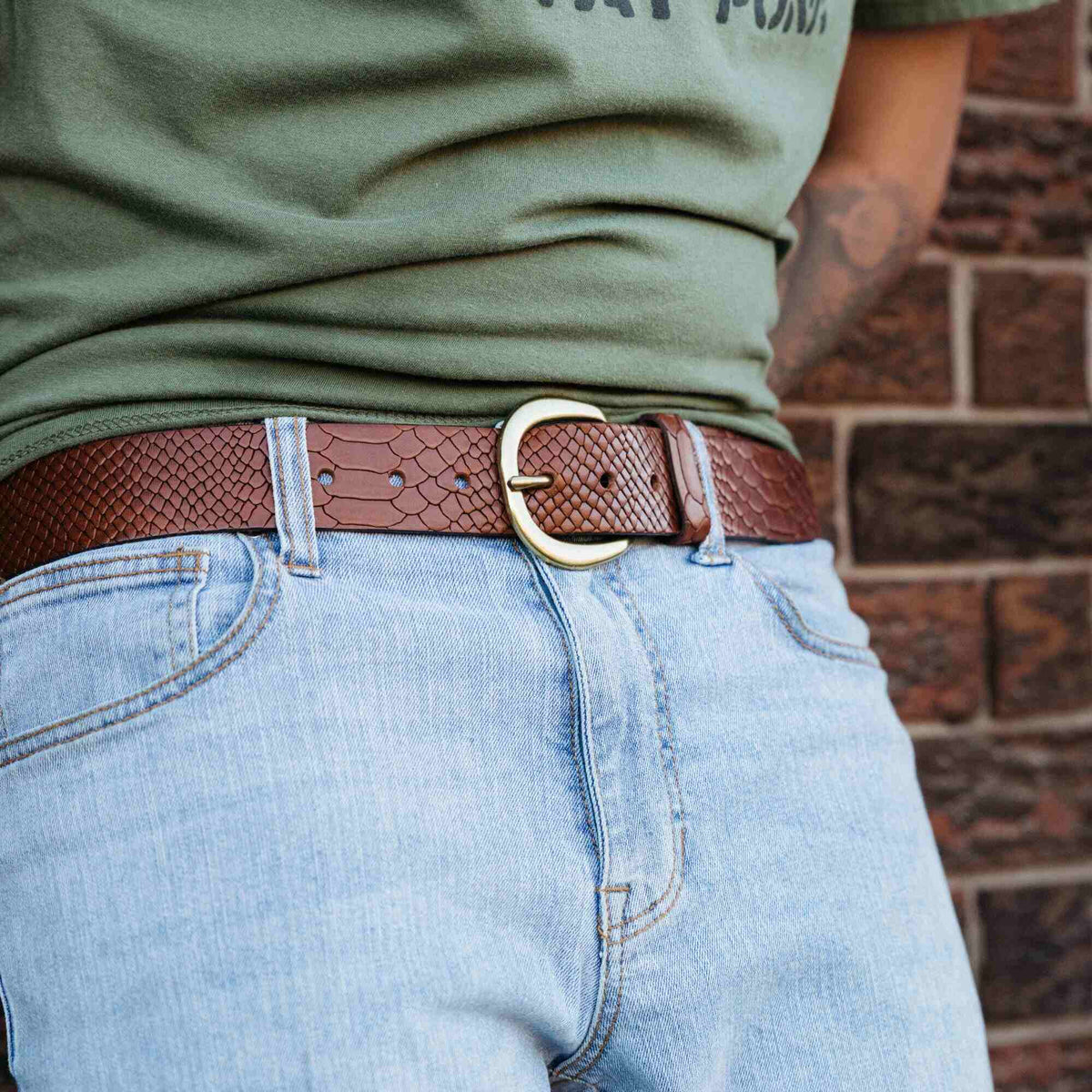 Snake skin embossed full-grain leather belt