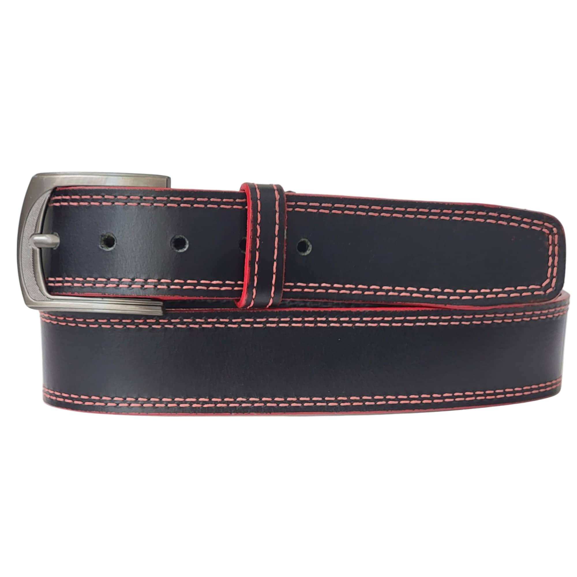 Buy 39mm Full Grain Embossed Stitching Black Leather Belt Online