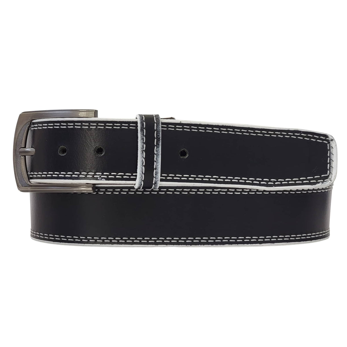 The Pegasus black full-grain leather belt with white stitching