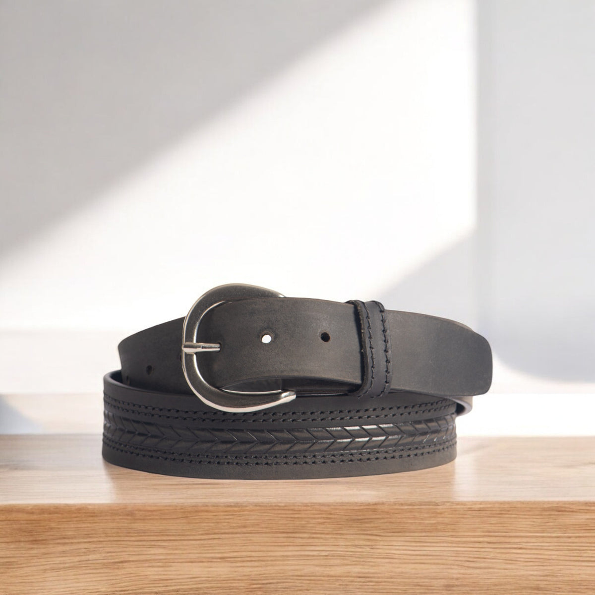 Terra brown embossed leather belt with gold buckle