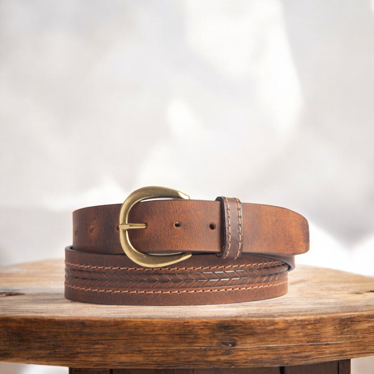 Terra brown embossed leather belt with gold buckle