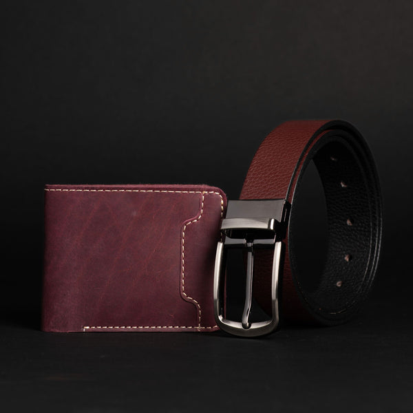 Harvey Dent One Piece Reversible Leather Belt + Keystone Wallet Set - Burgundy