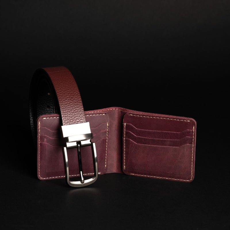 Harvey Dent One Piece Reversible Leather Belt + Keystone Wallet Set - Burgundy