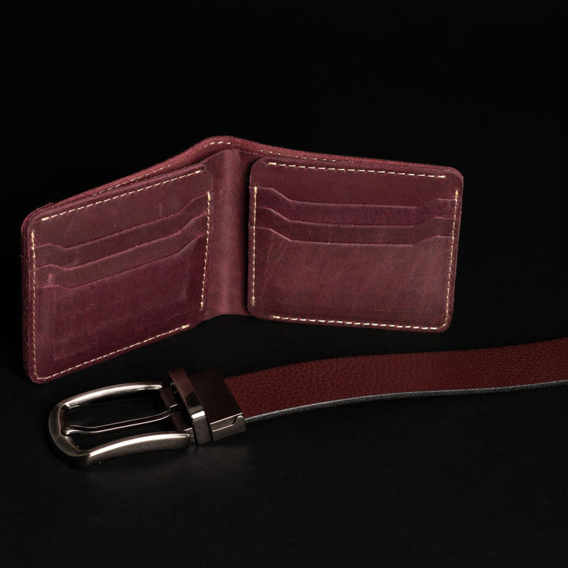Harvey Dent One Piece Reversible Leather Belt + Keystone Wallet Set - Burgundy
