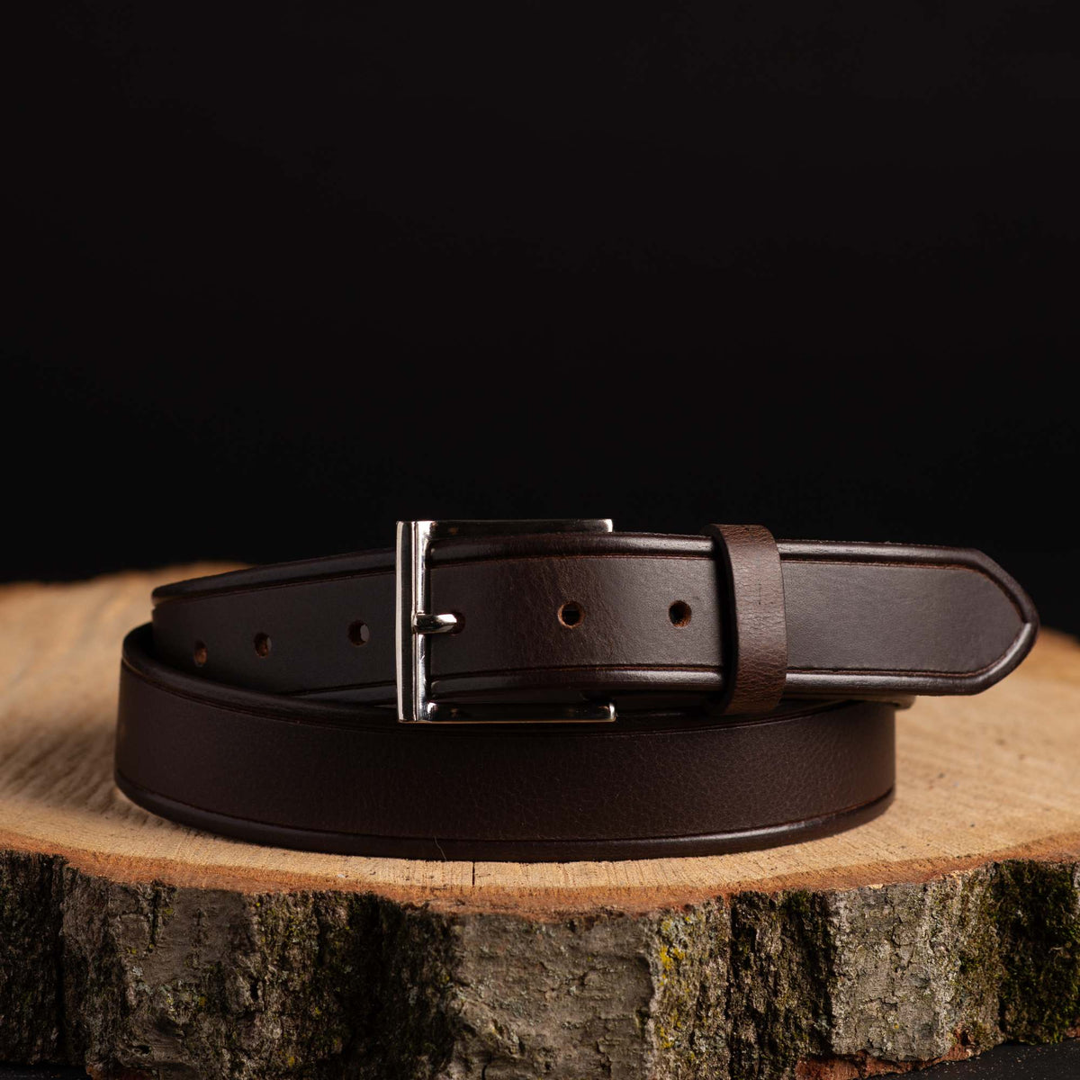 The Obelisk brown edge pipe full-grain leather belt