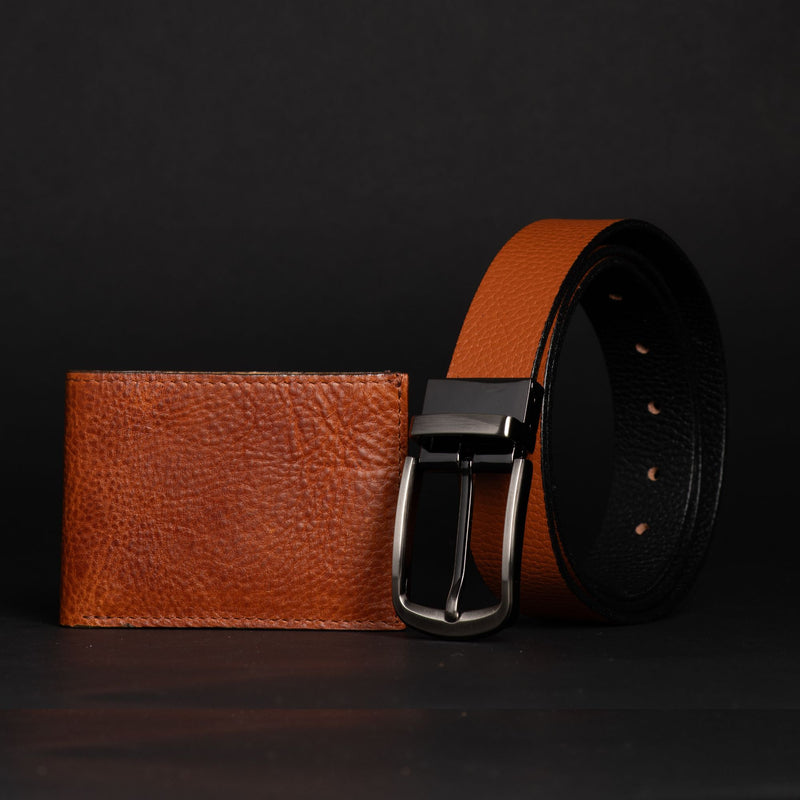 Harvey Dent One Piece Reversible Leather Belt + Maverick Wallet Set - Tan