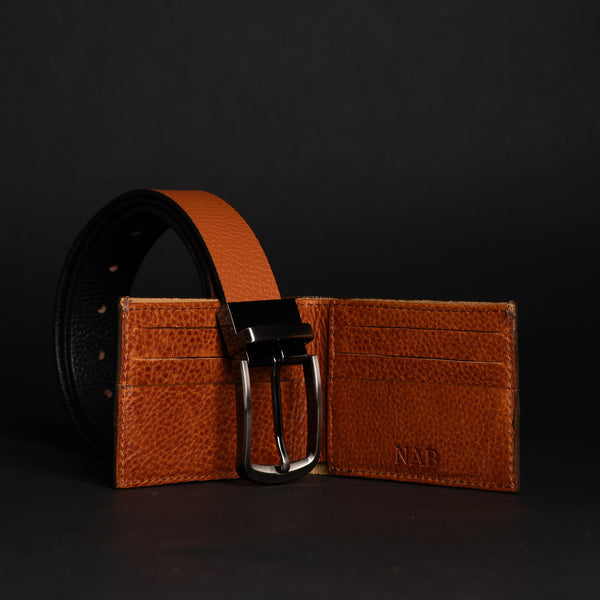 Harvey Dent One Piece Reversible Leather Belt + Maverick Wallet Set - Tan