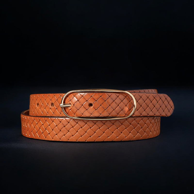 Aika - Tan Braided Embossed Leather Belt with Oval Buckle - Made in Canada