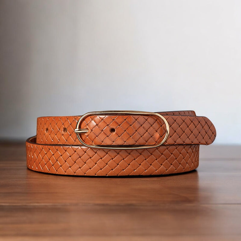 Aika - Tan Braided Embossed Leather Belt with Oval Buckle - Made in Canada