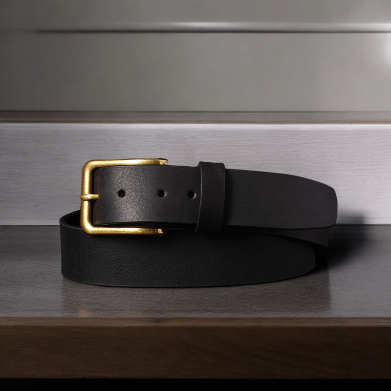 Elara- Cognac Leather Belt with Gold Rectangular Buckle - Made in Canada