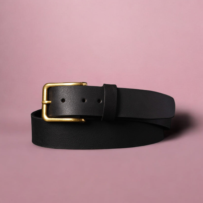 Elara- Black Leather Belt with Gold Rectangular Buckle - Made in Canada