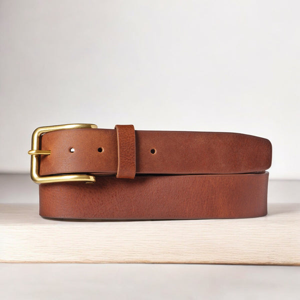 Elara- Cognac Leather Belt with Gold Rectangular Buckle - Made in Canada