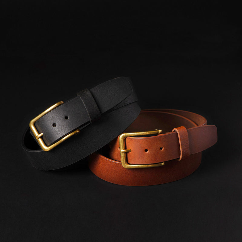 Elara- Cognac Leather Belt with Gold Rectangular Buckle - Made in Canada