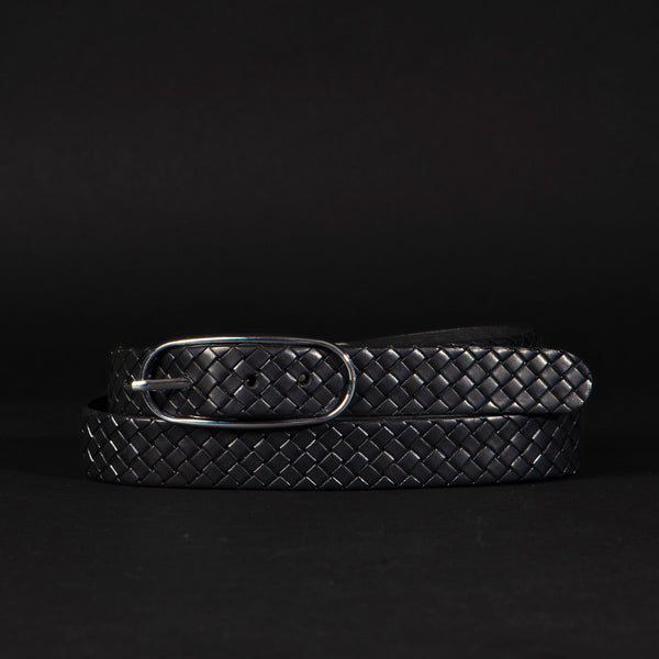 Aika - Black Braided Embossed Leather Belt with Oval Buckle - Made in Canada