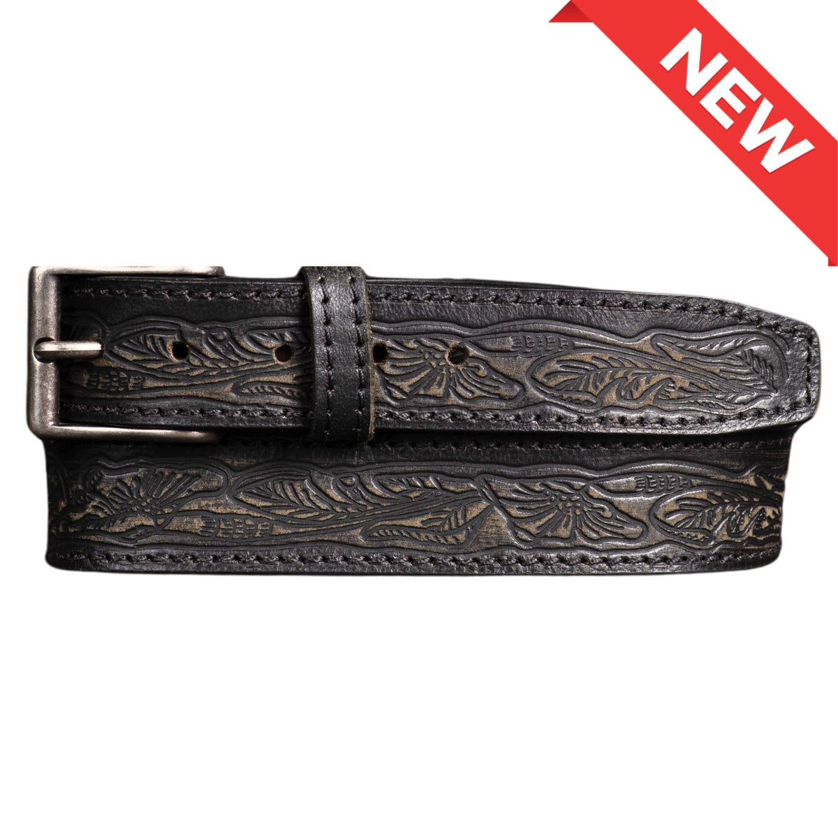 The Wayfarer western embossed leather belt in black
