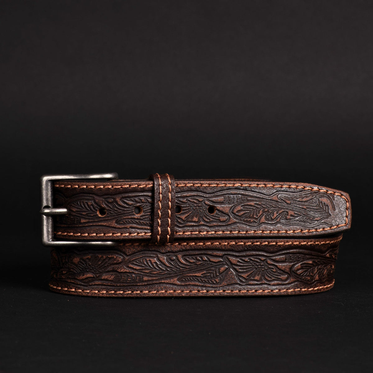 The Wayfarer western embossed leather belt in brown