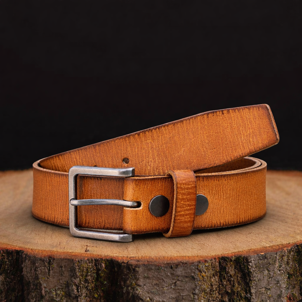 The Mountain leather belt with charred edges