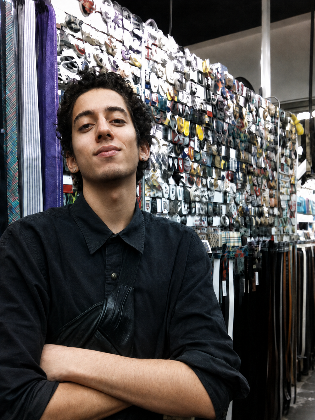 A handmade full-grain black leather belt like the first ones sold at the Toronto flea market table