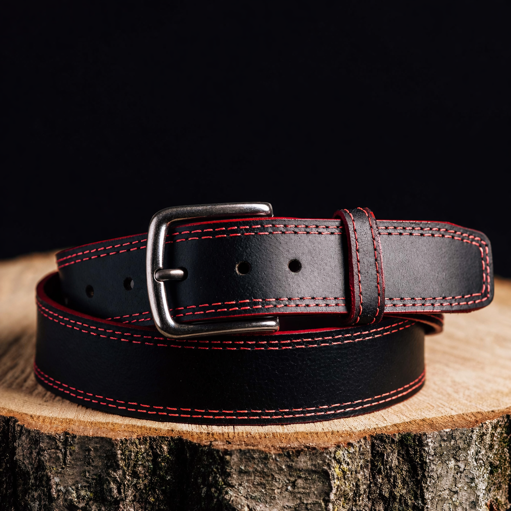 The Diablo black full-grain leather belt with red stitching