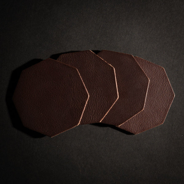 Octagon Coasters - Cognac Distressed Leather Coasters - Made in Canada