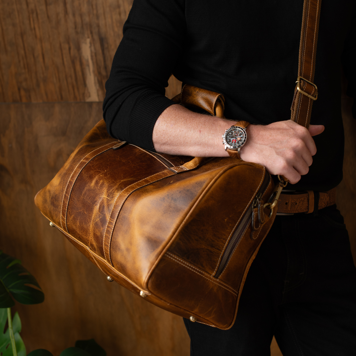 The Wayfarer cognac full-grain leather duffle bag