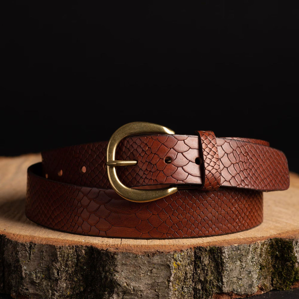 Medusa snake skin embossed leather belt