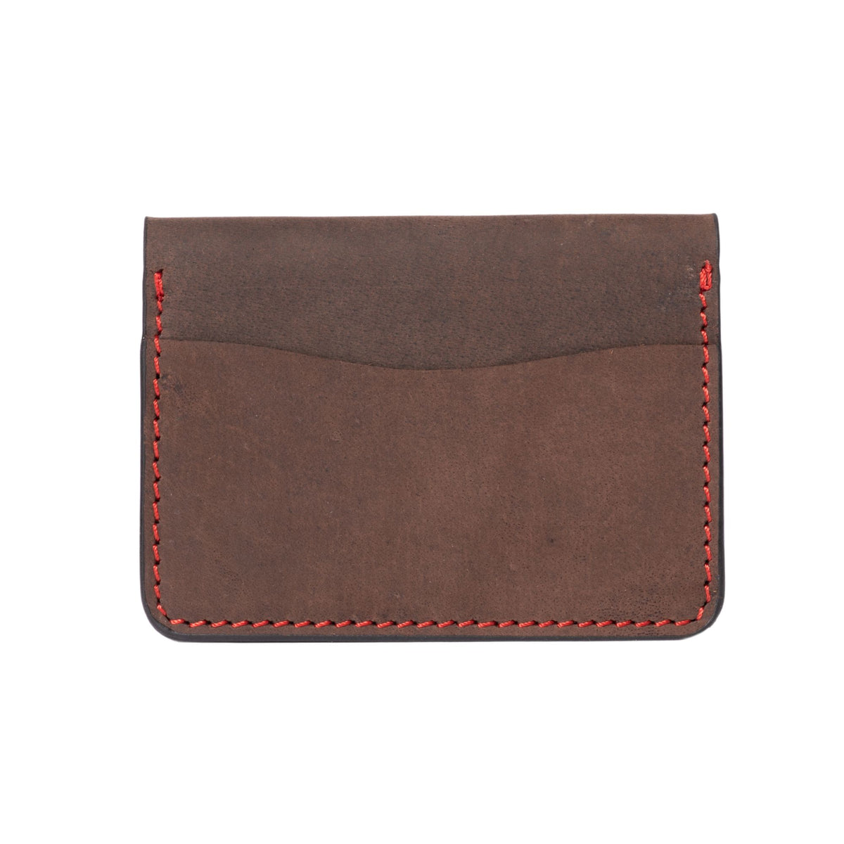 Brown full-grain leather card holder with red hand stitching