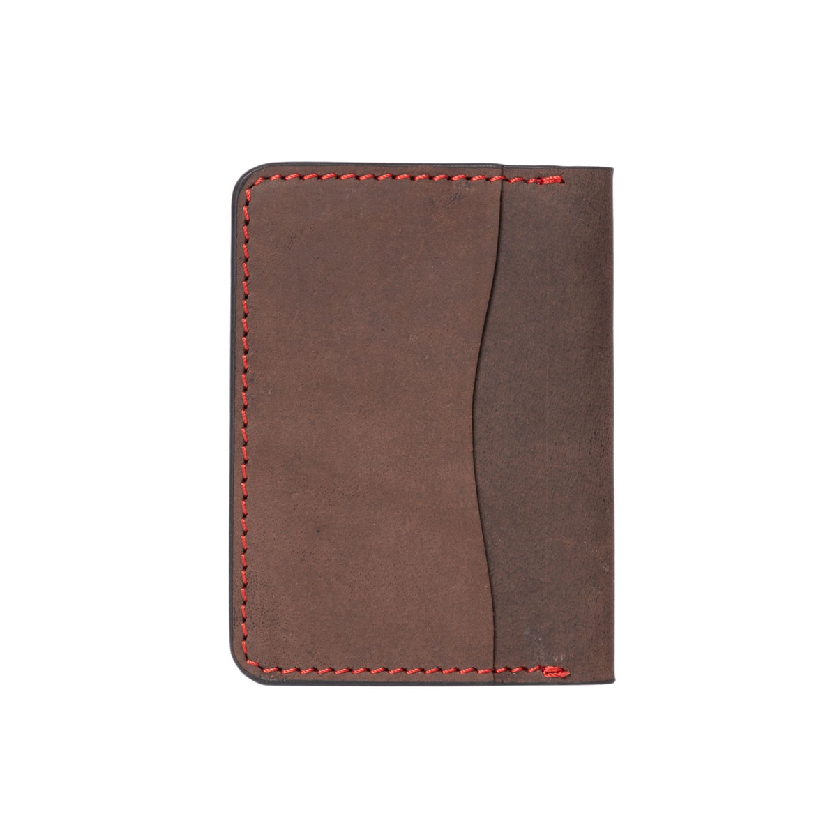 Brown full-grain leather card holder with red hand stitching