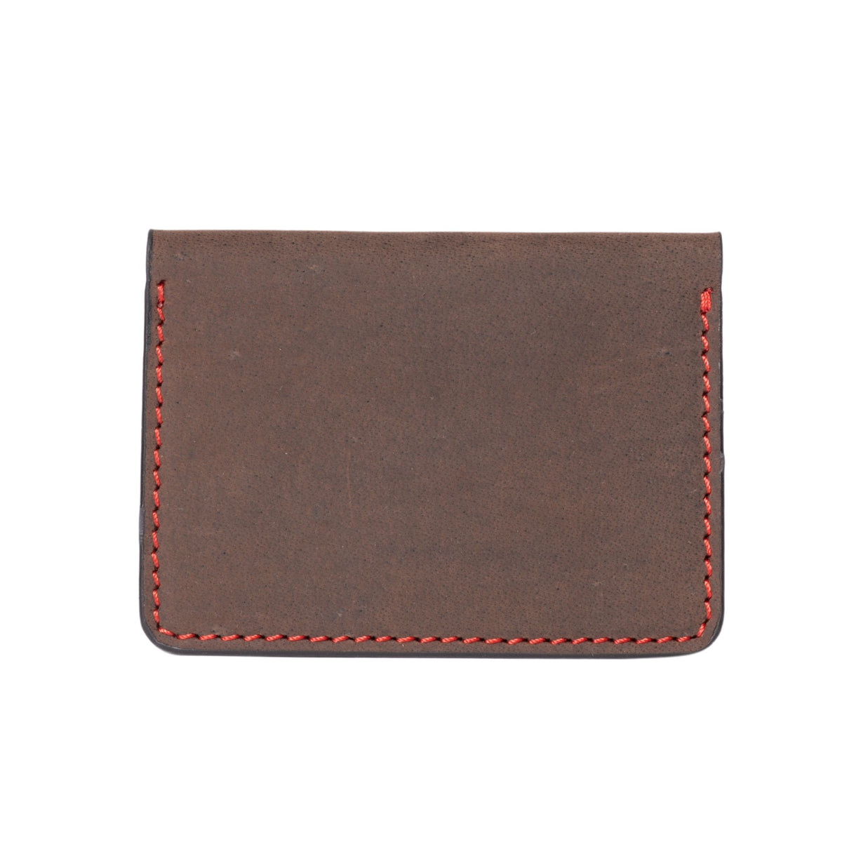 Brown full-grain leather card holder with red hand stitching