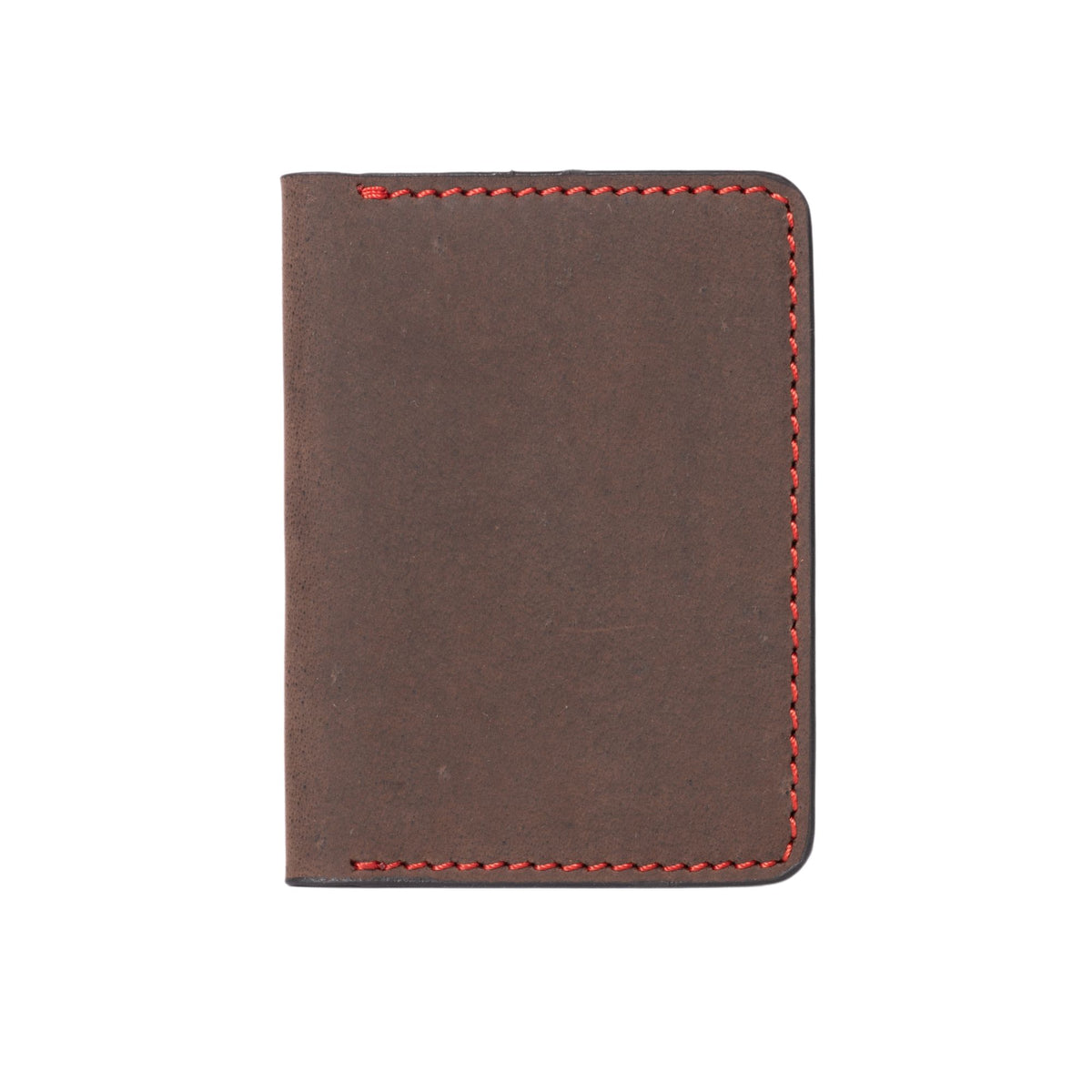 Brown full-grain leather card holder with red hand stitching
